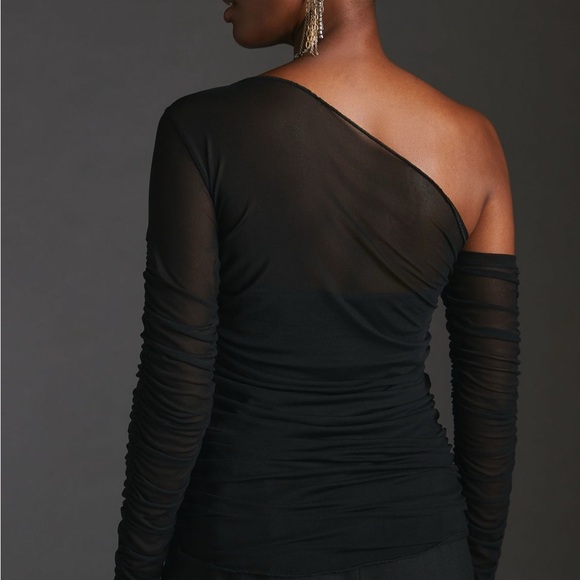 Anthropologie Black Sheer One-Shoulder Shirt - Picture 2 of 10